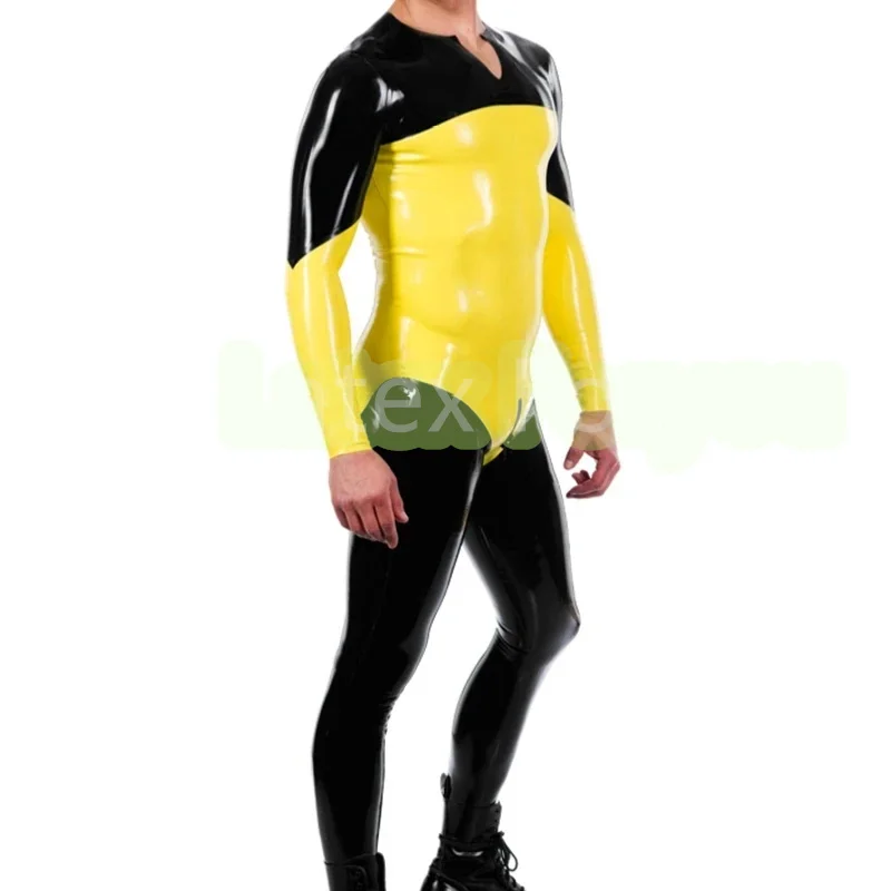 Yellow(Contrast Color) And Black Sexy Latex Catsuit With SocksFront Crotch To Back Zipper Suit Rubber Bodysuit Zentai Overall