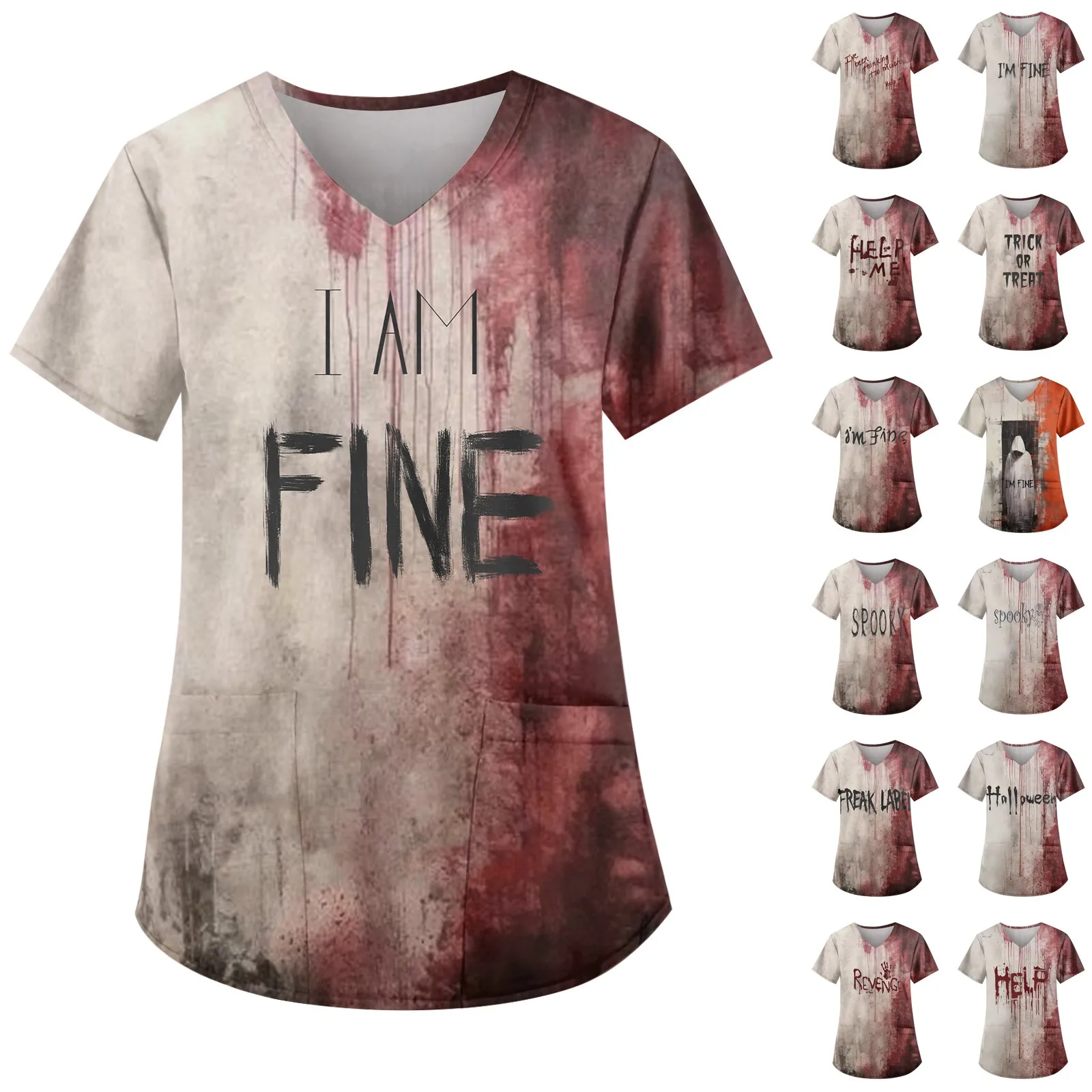 Beauty Salon Uniform Nurse Halloween Blood Help Print Scrub Tops For Women Summer Lab Scrub Clothes T-Shirt Overalls