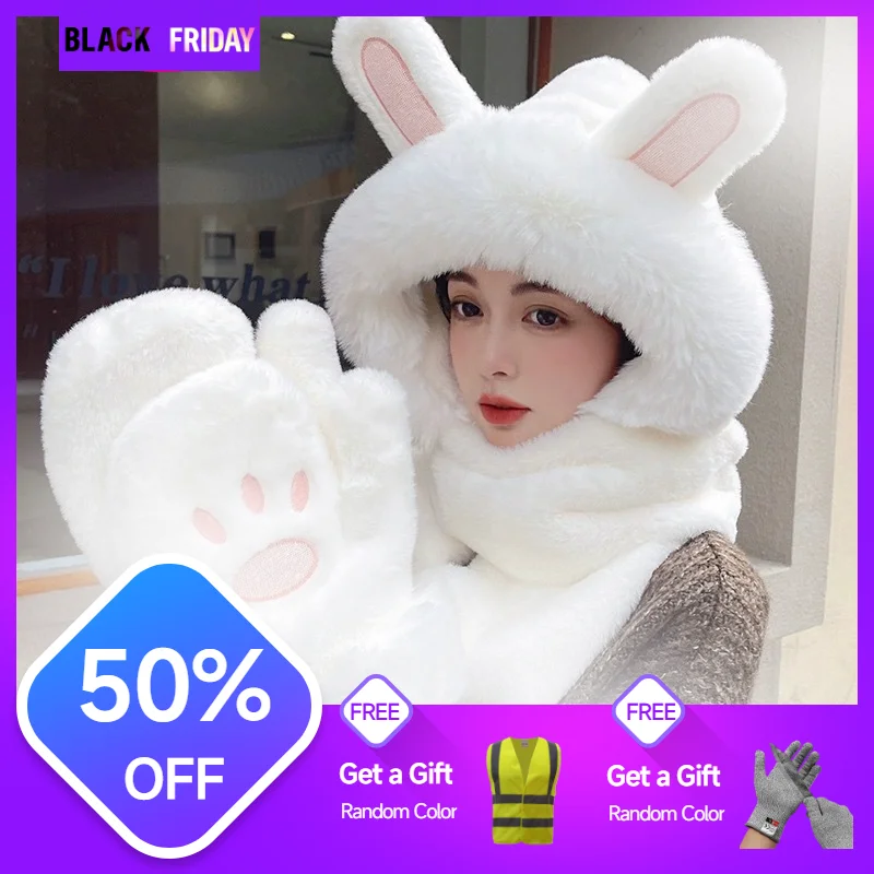 

Women's Korean version hat winter warm scarf hooded neck protection plush ears cute and fashionable three piece set scarf in one