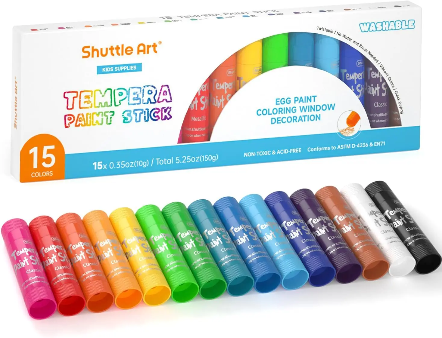 

15-Color Quick-Drying Washable Tempera Paint Sticks for Kids, Works on Paper Wood Glass Ceramic Canvas
