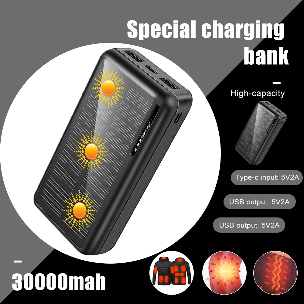 30000mAh Solar power Power Bank 5V 2A Portable Charger External Battery Pack for Heating Vest Jacket Scarf Gloves Battery