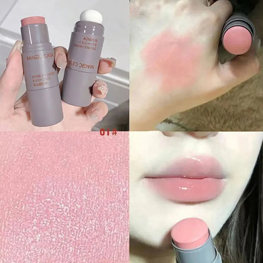 Bastão de blush de esponja de duas cabeçadas, maquiagem multiuso à prova d'água, bochecha e lábio sedosos, cosméticos faciais naturais duradouros, 1pc