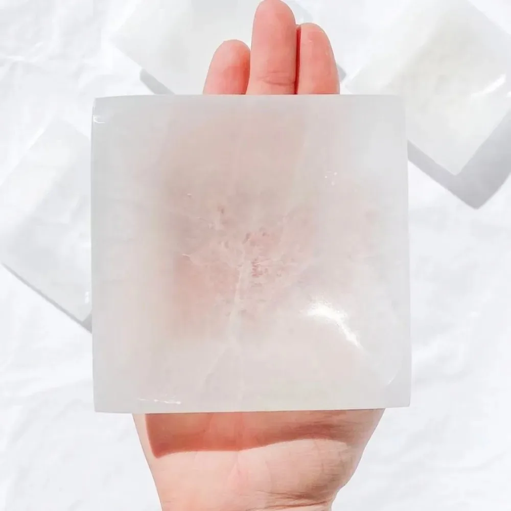 Natural White Selenite Square Bowl 9-10cm Gypsum Crystal Charging Plate Reiki Healing Stone Specimen Home Decor Gift
