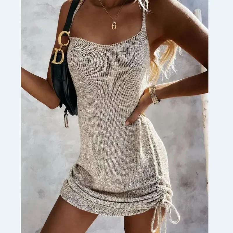 

Sleeveless Sling Mini Short Dress Casual Fashion Backless Drawstring Low Collar Solid Sexy Spring Summer 2024 New Women Dresses