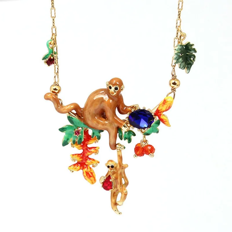 

New Arrival Cute Monkey Pendant Clavicle Chain Necklace Internet Celebrity Green Leaf Red Glass Beads Charms Necklace for Women
