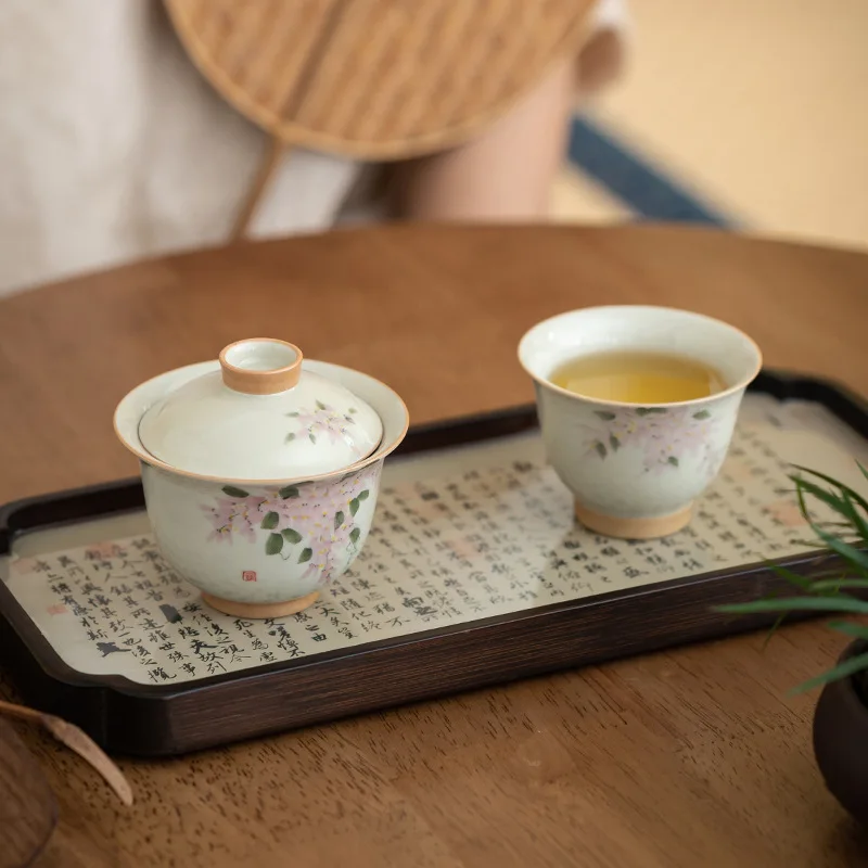 Hand-painted Wisteria Flower Two Only Cover Bowl Ceramic Home Under Glaze Color Kung Fu Tea Set Small Tea Bowl Literati