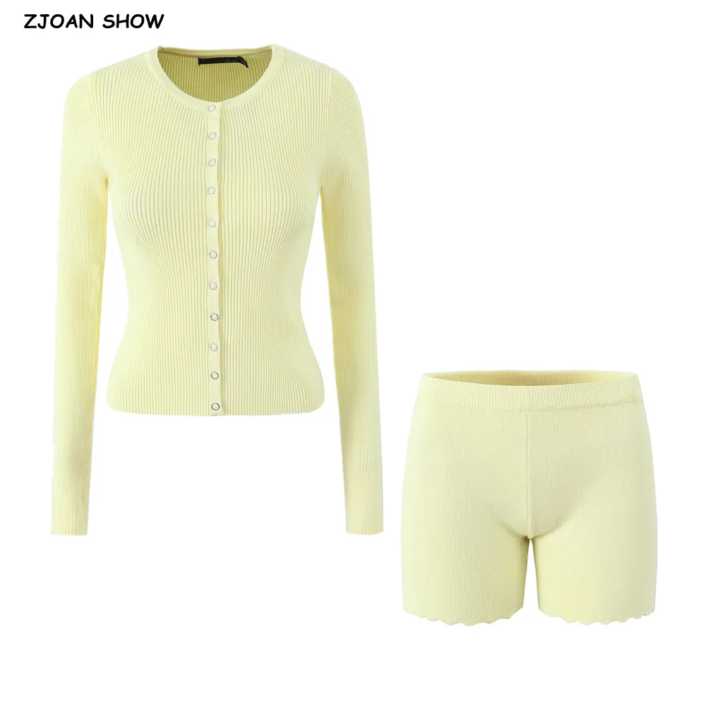 2024 Vintage Yellow Covered Single-breasted Button Knitted Cardigan Elastic Waist Mini Shorts Skinny Korea Style 2 pieces 1 Set