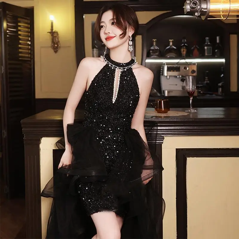 Women's black evening dress temperament sequins light luxury niche fashion high-end dress