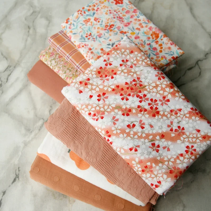 160x50cm Orange Persimmon Yellow Red Floral Solid Color Jacquard Bronzing Cotton Fabric for Shirt Doll And Clothing Making