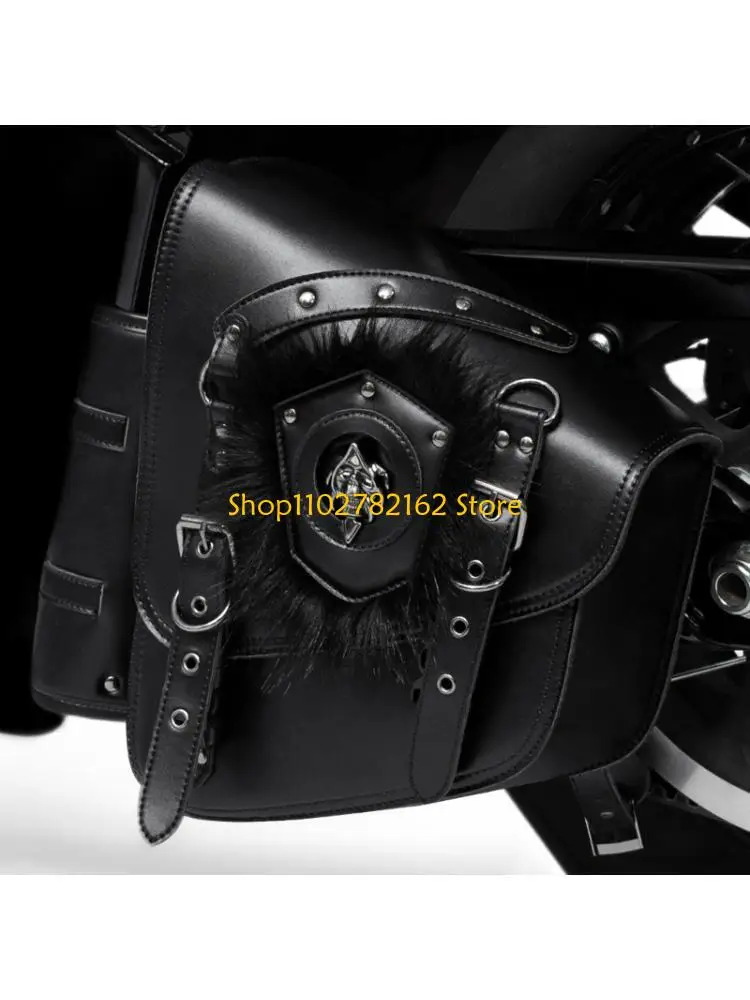 547B Leather-Look Motorcycle Saddlebag Pair with Skull Badge, Studded Trim, and Side Mounting Straps, Retro Side Bag Set for