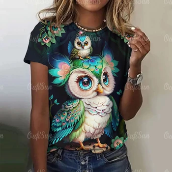Summer O-Neck Short Sleeve Women's T-Shirt 3d Printed Owl Pattern T-Shirt Pullover Top Fashion Street Female Clothing 2024