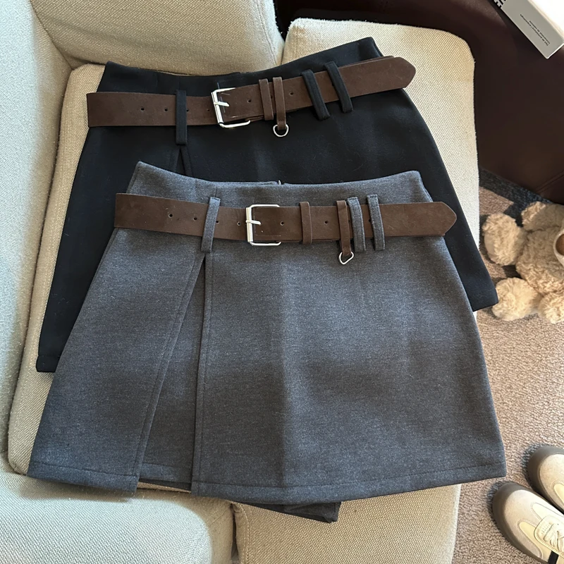 

Women's Grey Mini Skirt Vintage Y2k Gyaru A-line Shorts Skirt Harajuku Woolen Asymmetrical Skirts 2000s Clothes Spring Summer