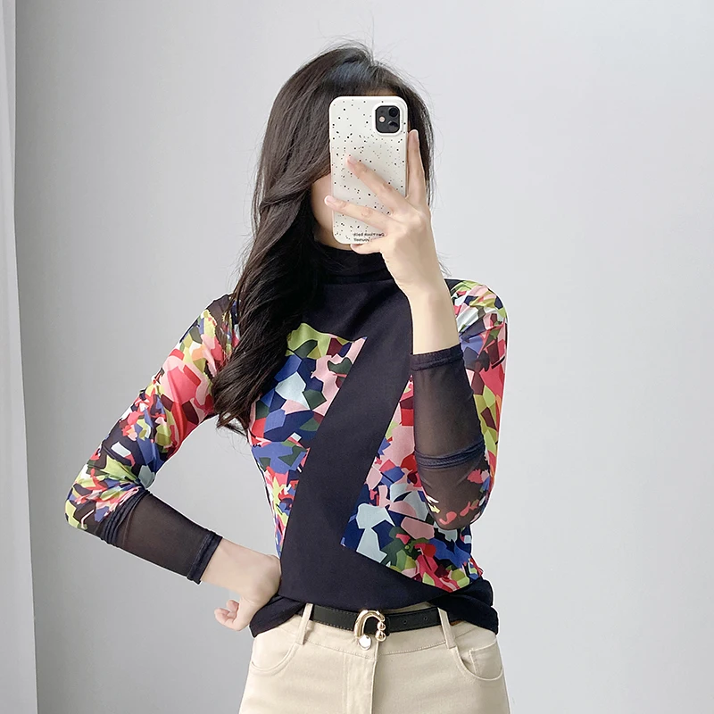 Y2K Western Style Mesh Tshirt Women High Neck Long Sleeve Positioning Flower Top European Autumn Winter Fashion