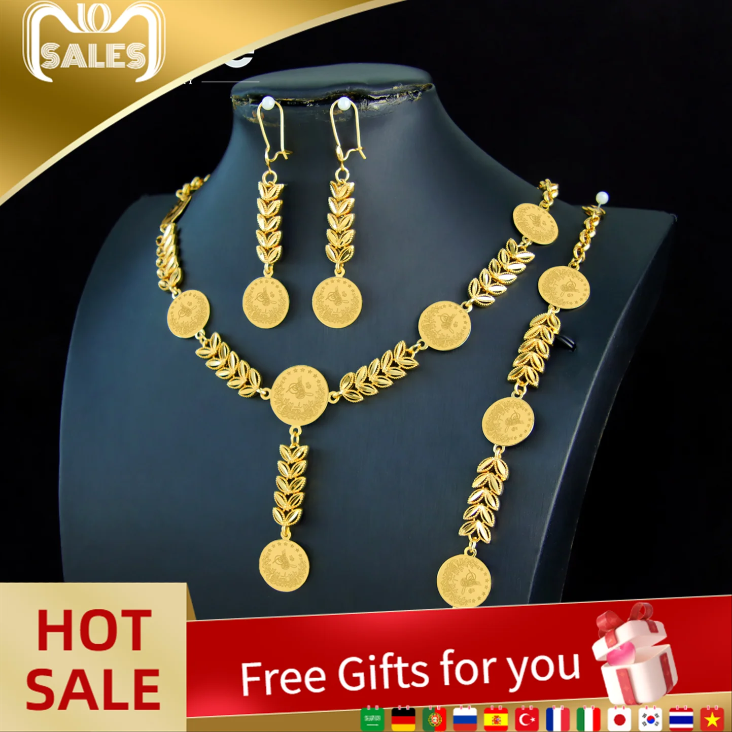 

Nigeria Wedding Jewelry Set 21k Gold Plated Turkish Coins Necklace Bracelet Earrings Algeria Women Bridal Engagement Party Gifts