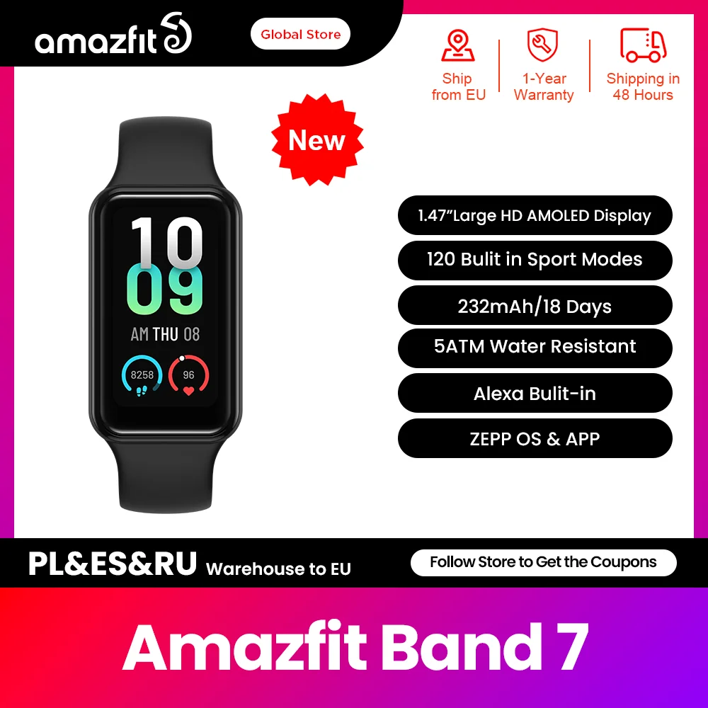 [Refurbished]  New Global Version Amazfit Band 7 Smart Wristband 120 Sports Modes Large HD AMOLED Display Powerful Zepp OS