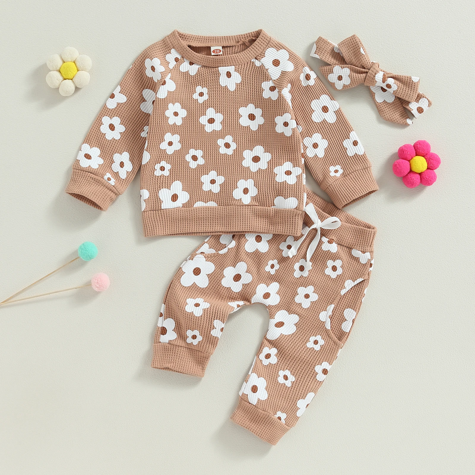 0-24M Infant Baby Girl Autumn Clothes Set 3pcs Flower Print Long Sleeve Sweatshirt Tops Pants Bow Headband