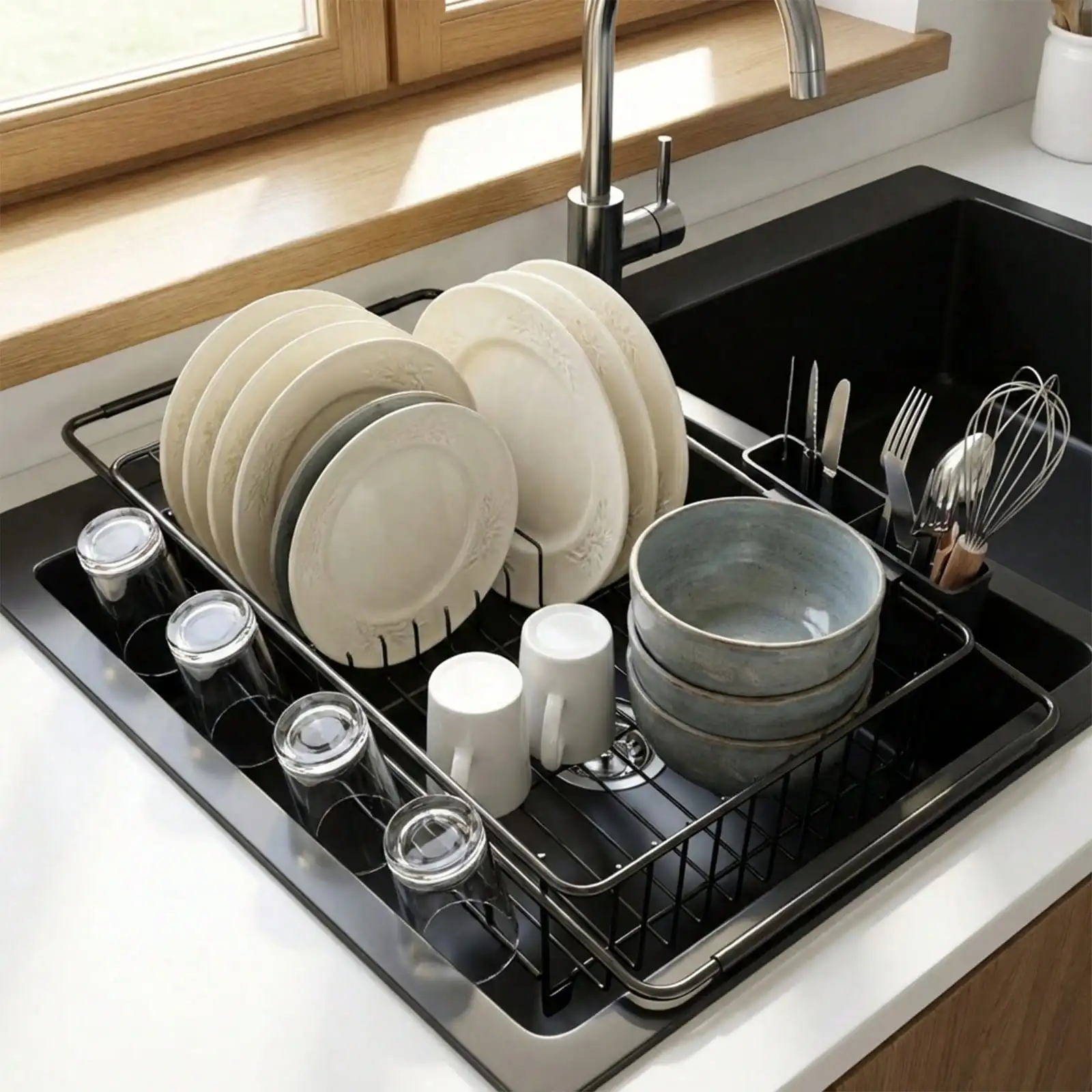 Stozle Dish Drying Rack In Sink, Expandable Stainless Steel Dish Drainers For Kitchen Counter, Dish Dryer Rack For Inside Sink, Over The Sink Dish Racks With Utensil Holder, Silver,Kitchen Sink Drain Strainer With Cutlery Holder & Cup Holder