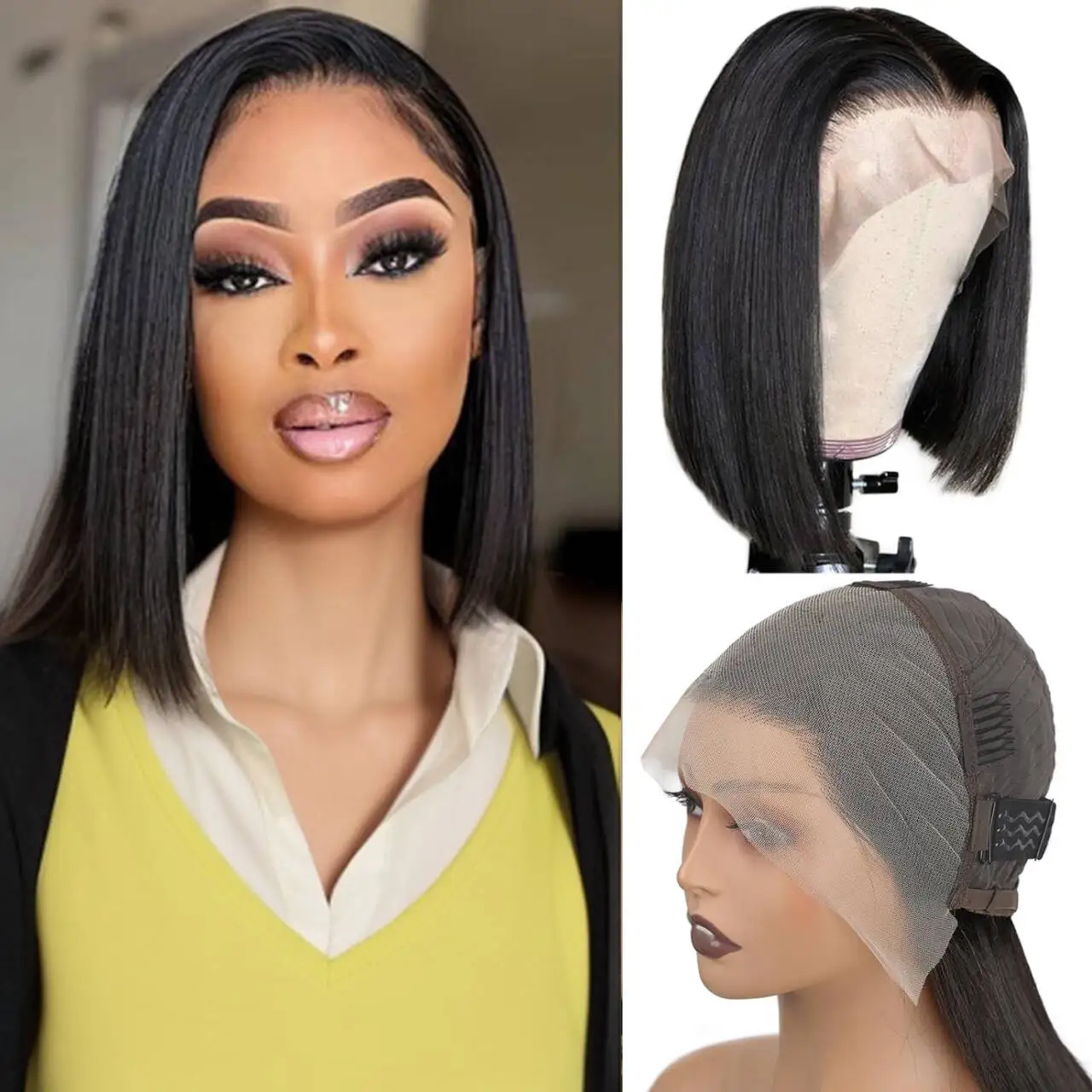 Bob Wig Straight Human Hair 13x4 HD Lace Front Wigs Natural Hairline 150% Density Natural Black 12 Inch Short Straight Bob Wigs