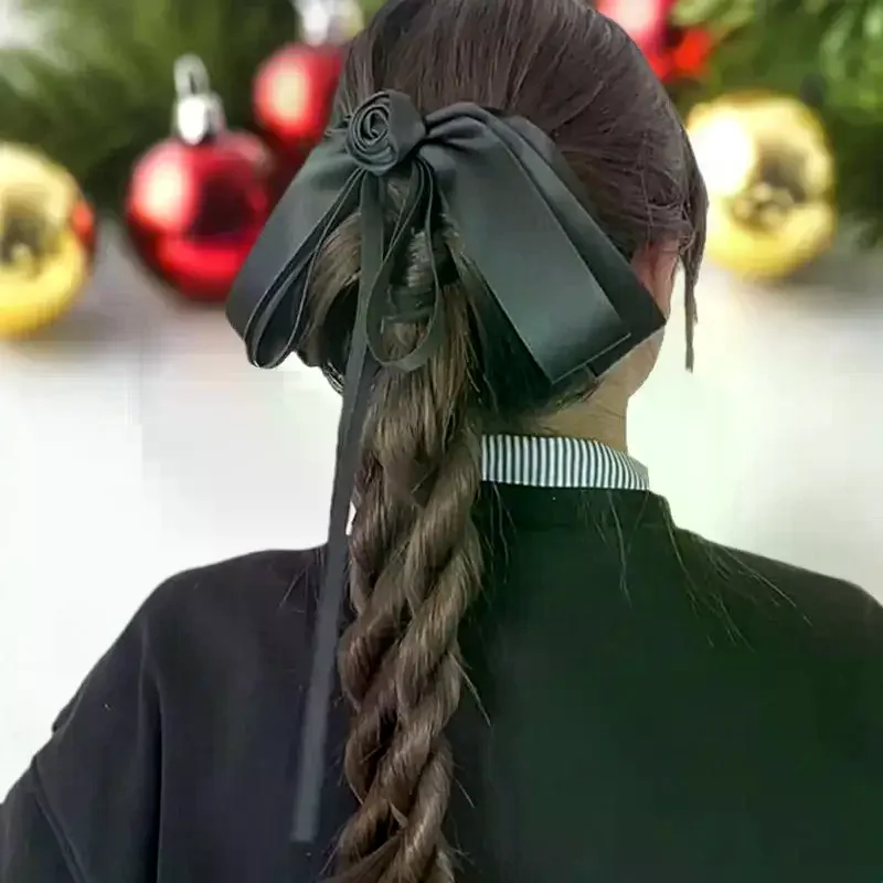 

Camellia Bow Ribbon Hairpin French Hair Clip Women Girly High-end Elegant Hair Up Top Clips Mourning Funeral Hair Accessory