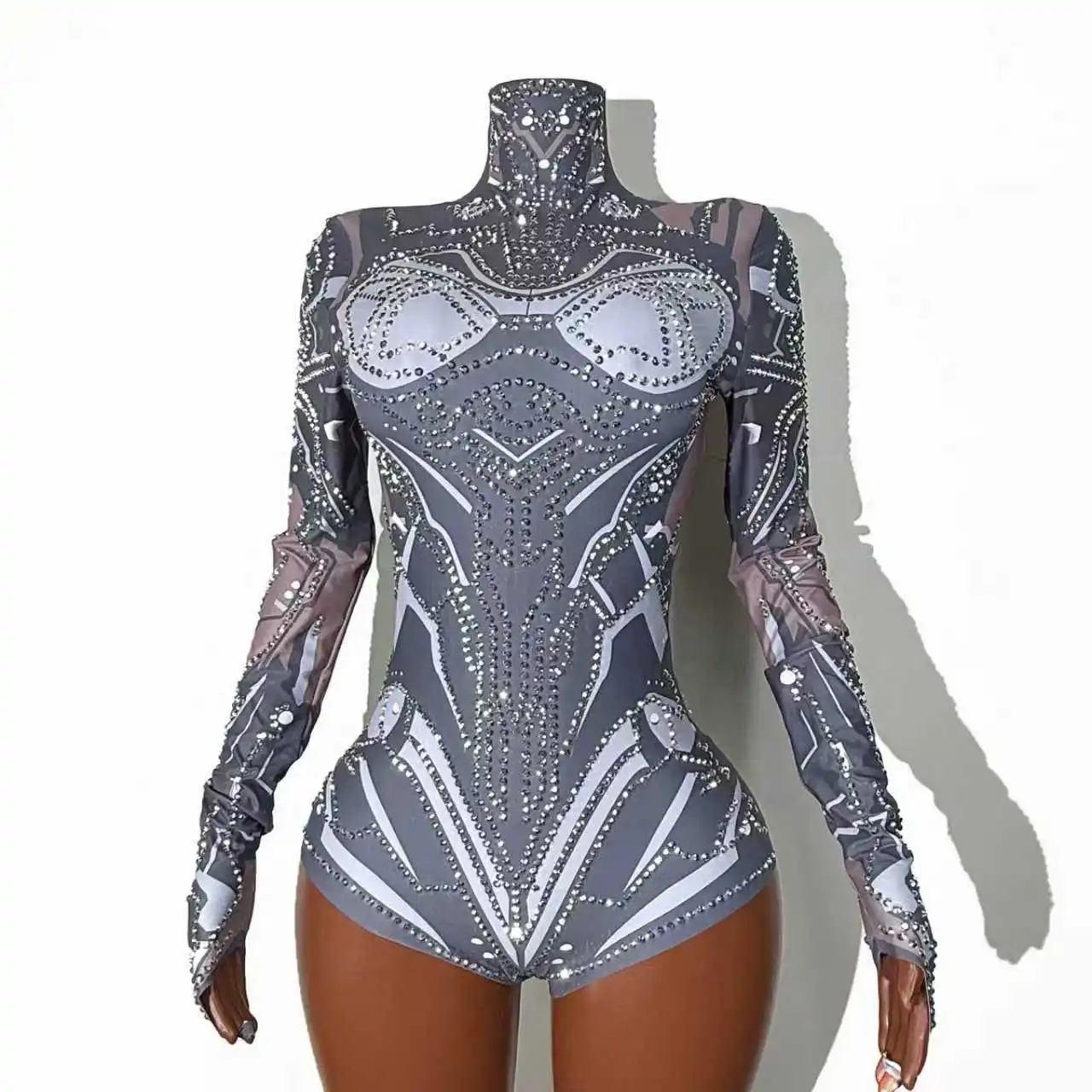 زي أداء المسرح باللون الأخضر اللامع والرمادي اللامع من حجر الراين قابل للتمدد للنساء ملابس داخلية للنوادي الليلية والحفلات الراقصة ملابس الملكة السحب