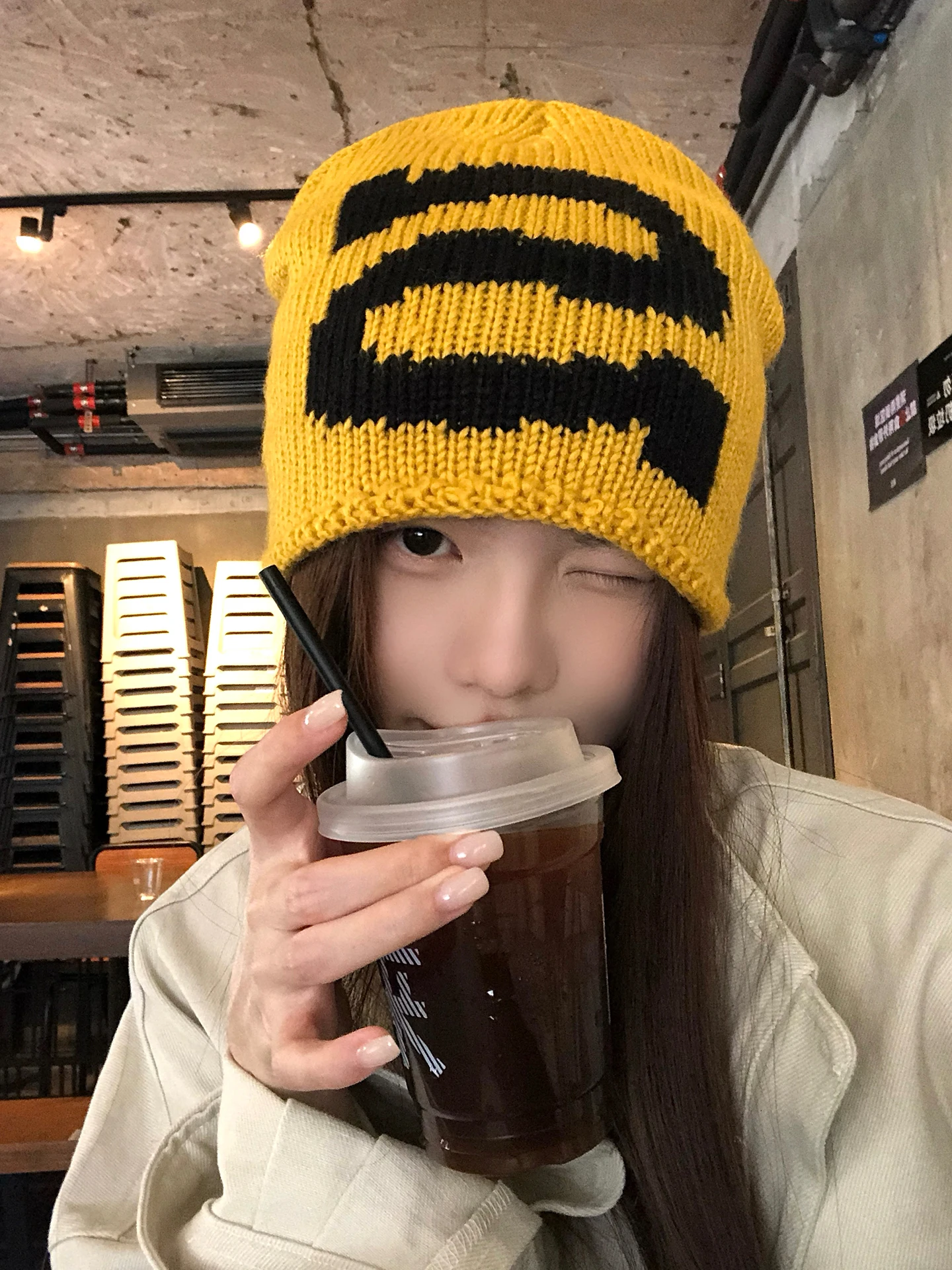 Korean Style Color Block Letter Knitted Woolen Cap Women's Loose Fit Big Head Size Face Slimming Spring Autumn Seasonal Hat