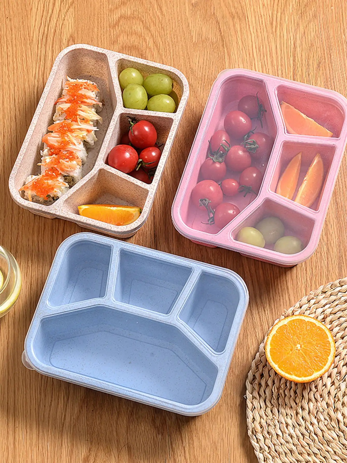 1개 밀짚 도시락통, 일본식 4칸 도시락통, 학생용 사각형 전자레인지용 식품 용기, 사무실용