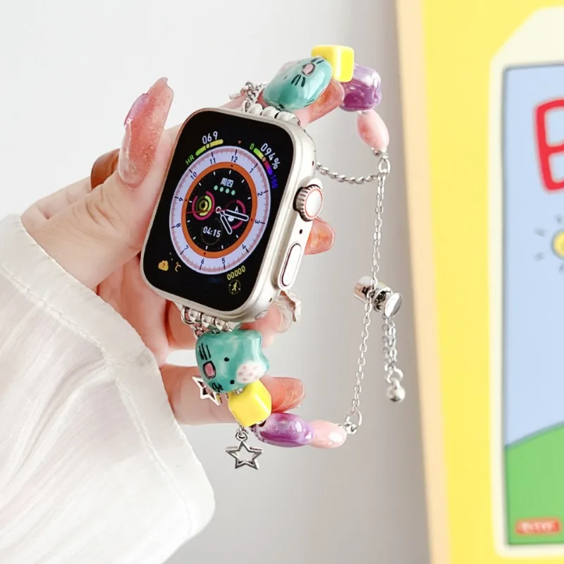Lucky Star Beading Strap para Apple Watch, Pulseira de Jóias para Meninas, Band for iWatch 8, 7, 6, 5, 4, SE 3, 44mm, 41mm, 40mm, 49 milímetros, 42 milímetros, 38 milímetros, 45 milímetros