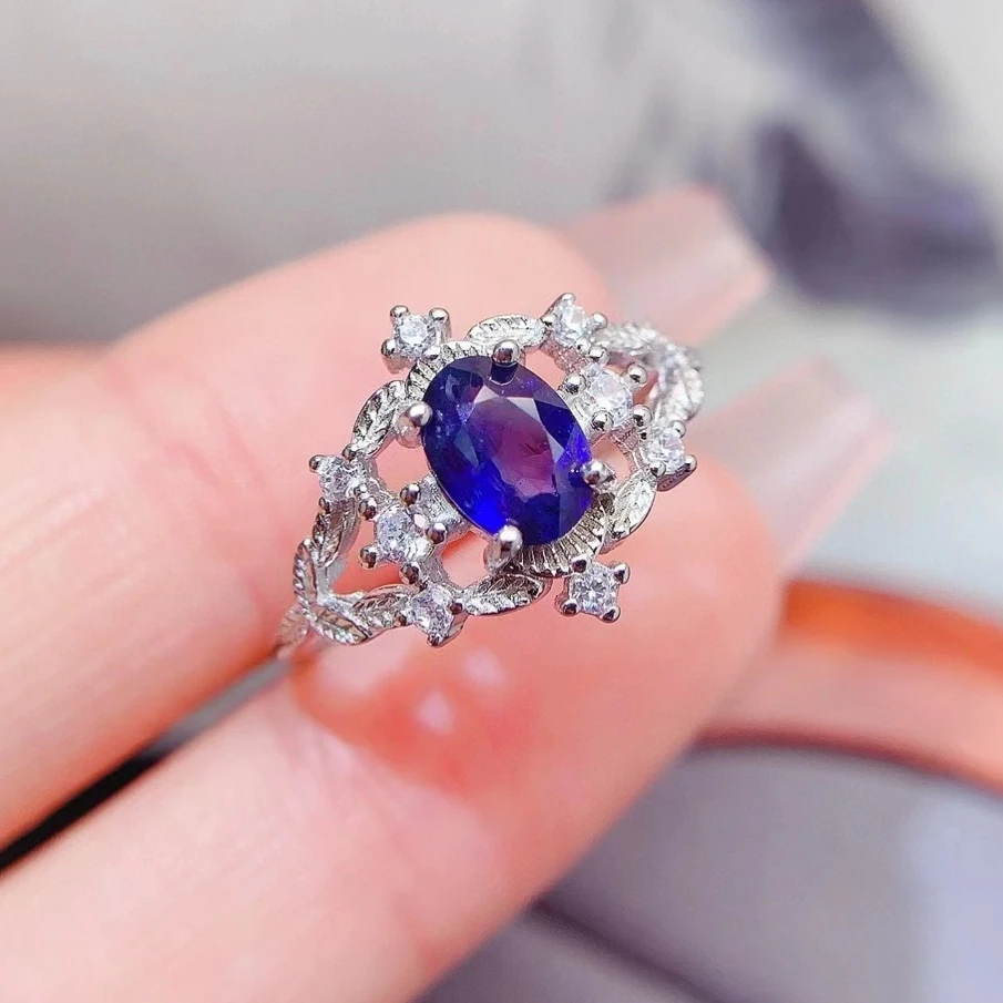 

Natural Blue Sapphire Ring for Engagement 5mm*7mm 0.7ct Sapphire Wedding Ring with 3 Layers 18K Gold Plating