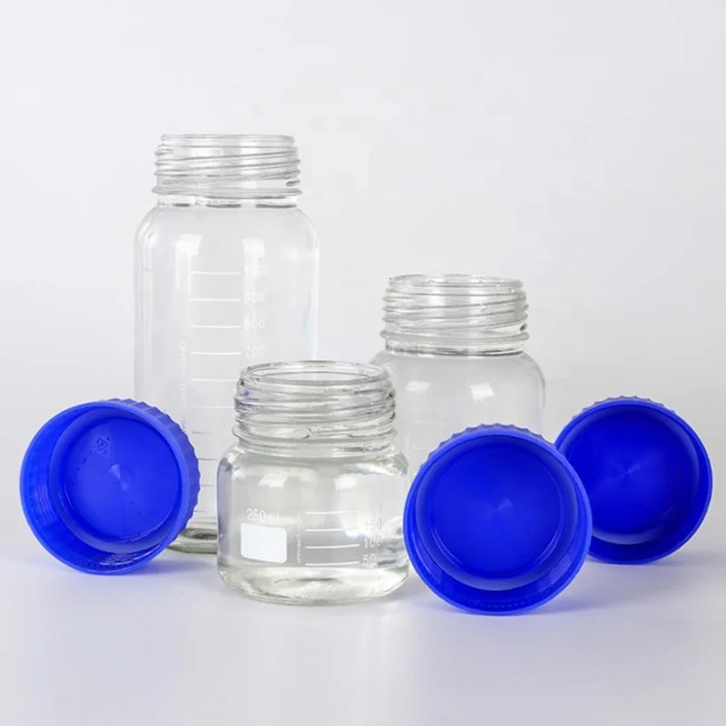 Laboratory Clear Chemical Bottle Boro3.3 250mL 500mL 1000mL Wide Mouth Jar Glass Reagent Bottle Media Bottle With Scale Mark