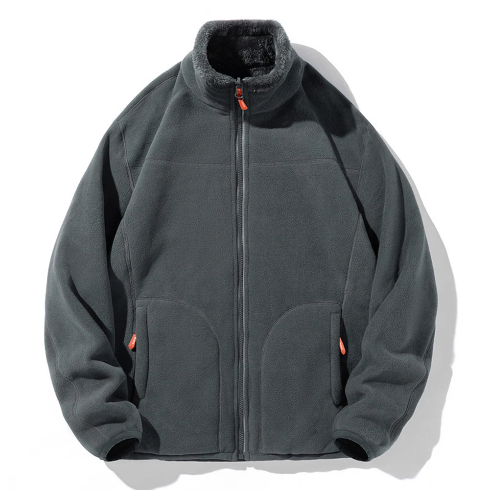 Men Warm Thicked Coral Fleece Cardigan Jacket Coat Casual Outerwear for Outdoor Camping Sportswear in Dark Gray White Black