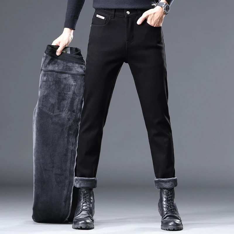 Men's Stretch Fleece Jeans Classic Style Business Fashion Pure Black Slim-fit Denim Pants Male Brand Casual Trousers