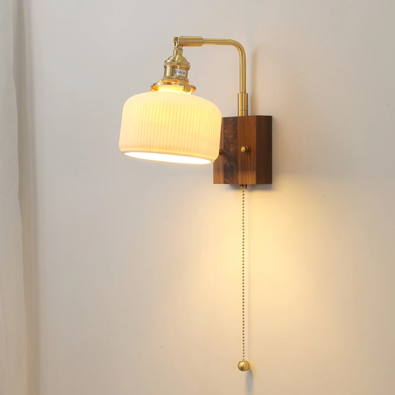 

Modern Ceramic Ball LED Wall Light Fixtures Knob Pull Chain Switch Beside Lamp Living Room Copper Wood Wandlamp Lamparas