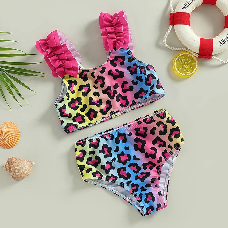 Yiiciovy Baby Kid Girl 2 sztuk stroje kąpielowe Bikini Set lato Leopard/serce nadruk w kropki podkoszulki bez rękawów z szorty plażowe stroje