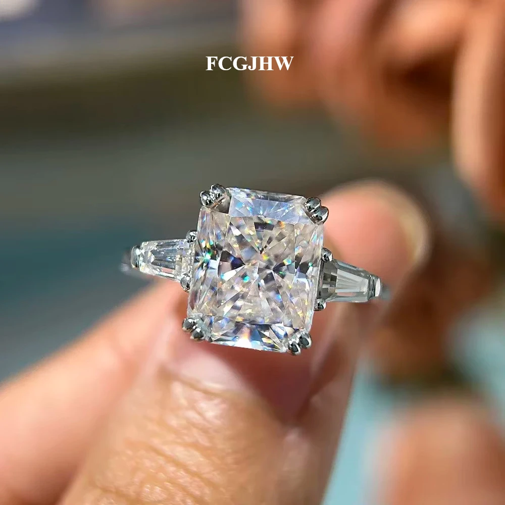 FCGJHW 3-Stone 4CT Radiant Moissanite Ring Pure S925 Silver with Tapered Baguette Diamond Wedding Band Fine Jewelry Gifts 2026
