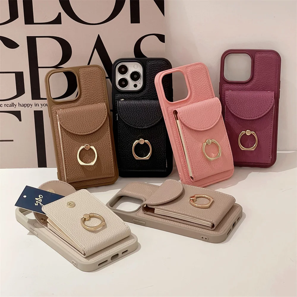 Card Slot Holder Wallet Crossbody Cord Leather Case For Iphone 12 13 14 Pro Max Plus 11 Solid Color Protective Silicone Cover Fu