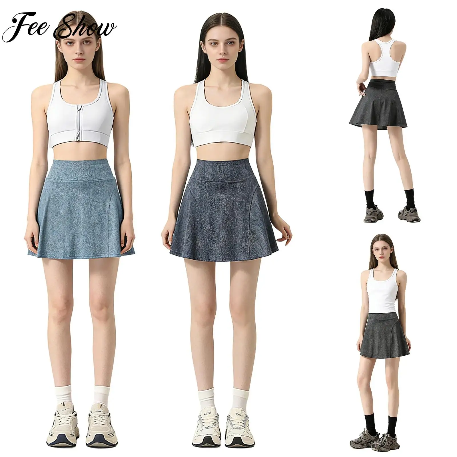 

Women High Waist Denim Skort Built in Shorts Breathable Stretchy Quick Dry for Tennis Badminton Sports Exercise Summer