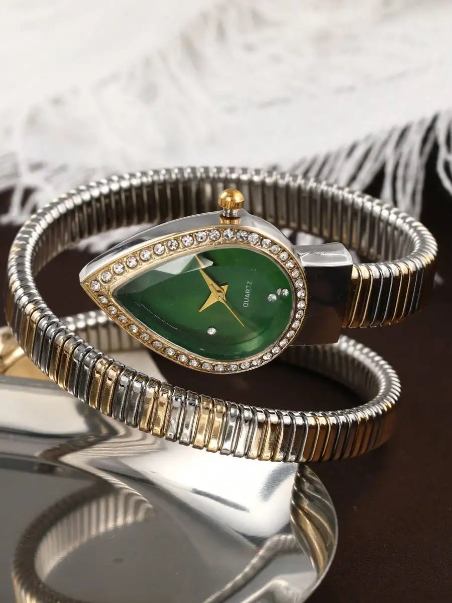 1pc Women's Bracelet Watch, New Elegant Snake Head Shaped Bangle Watch, Luxurious Business Chic Rhinestone Sparkling Ladies