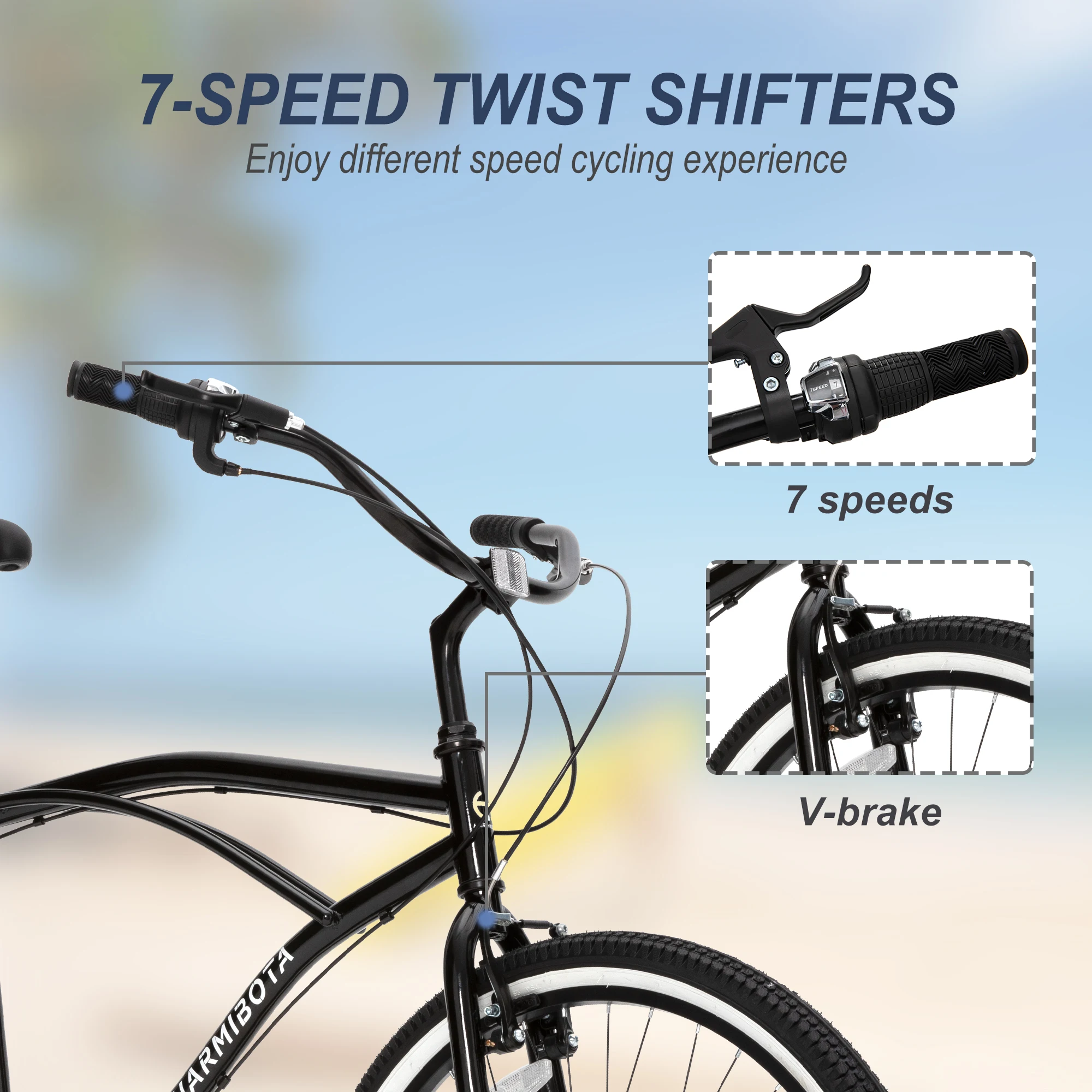 26 inch 7 speed beach bike, steel frame, upright comfortable seat, U-brake, multi-function rear rack, , unisex