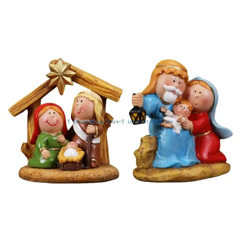 

896A Cartoon Nativity Manger Scene Resins Miniature Figurines Christmas Tabletop Decors Ornament For Home Church Celebration