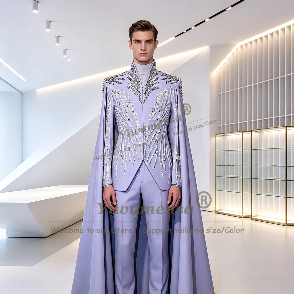 Unique Design Men's Tuxedo Suit Stand Collar Prom Blazer With Long Cape Customized Crystals Beading Groom Formal Wear Attire