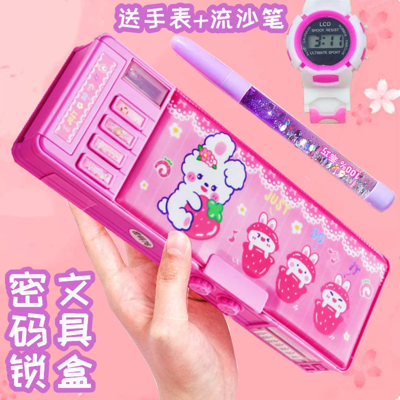 Mechanical deformation combination lock stationery box girl cute pencil case school student pencil box Cartoon plastic pen case