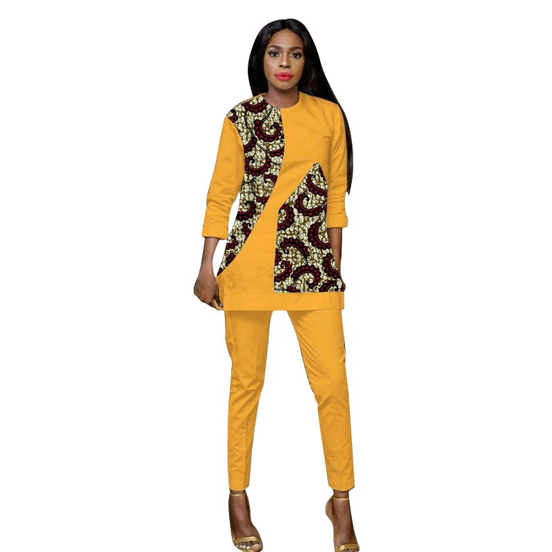 Women's Three-Quarter Sleeve Tops+Pants Yellow Set Nigerian Fashion Lady's Ankara Outfits African Festival Clothes Customized