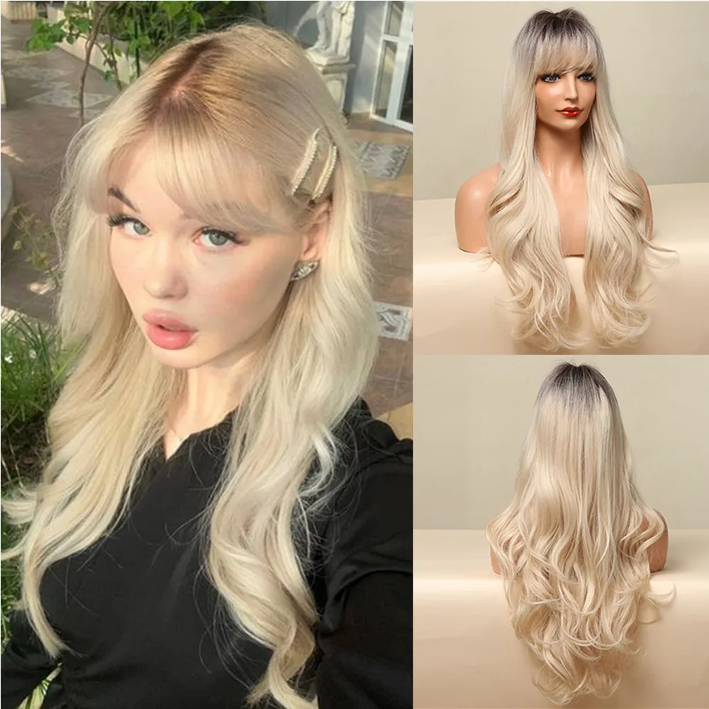 ALAN EATON Blonde Long Wavy Synthetic Wigs Ombre Hair Wig with Bangs Soft Natural Realistic Wig Heat Resistant Daily Fiber Wig