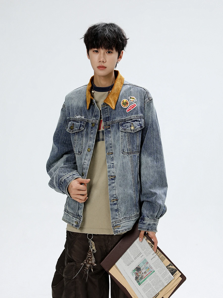 

Мужская джинсовая куртка Boyue с вышивкой и нашивками, в байкерском стиле, повседневная, свободного кроя, с длинными рукавами, молодежная, модная, весна-осень-зима