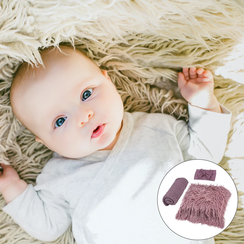 3 ชิ้นชุดการถ่ายภาพเด็กผ้าห่มทารกแรกเกิด Photo Prop สีม่วงทารกผ้าห่มสบายสําหรับผิวเด็กสตูดิโอใช้