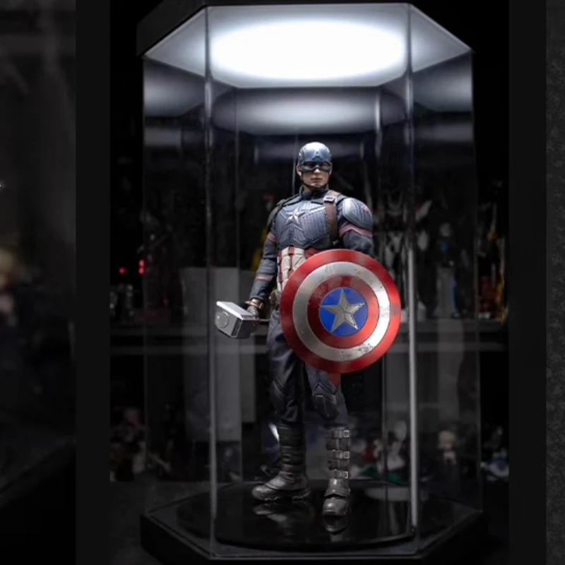

Dust Proof Hexagonal Assembly Rotating Led Die-cast Display Case Ht Iron Man Soldier Character Collectible Hot sale