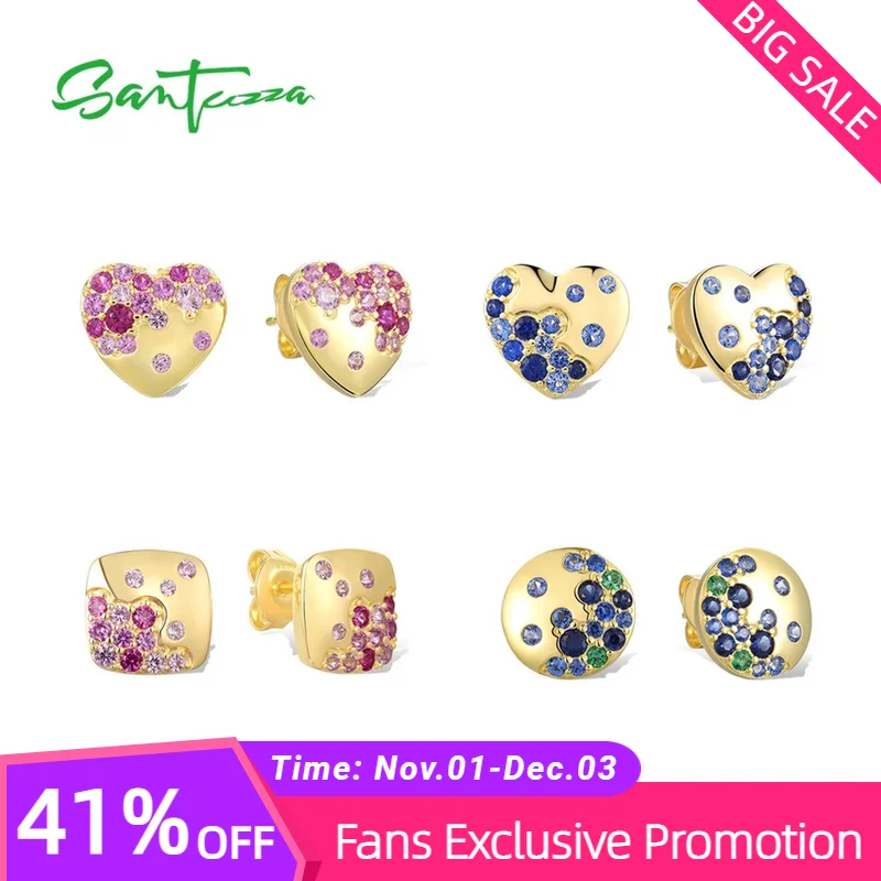 SANTUZZA Authentic 925 Sterling Silver Stud Earrings For Women Sparkling Pink & Blue Spinel Sapphire Delicate Gifts Fine Jewelry