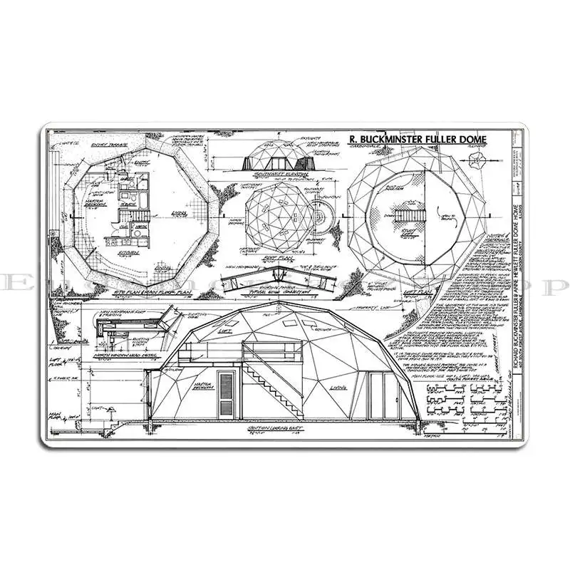 Buckminster Fuller Geodesic Home Blueprint Metal Plaque Party Cinema Cinema Design Party Plates Tin Sign Poster