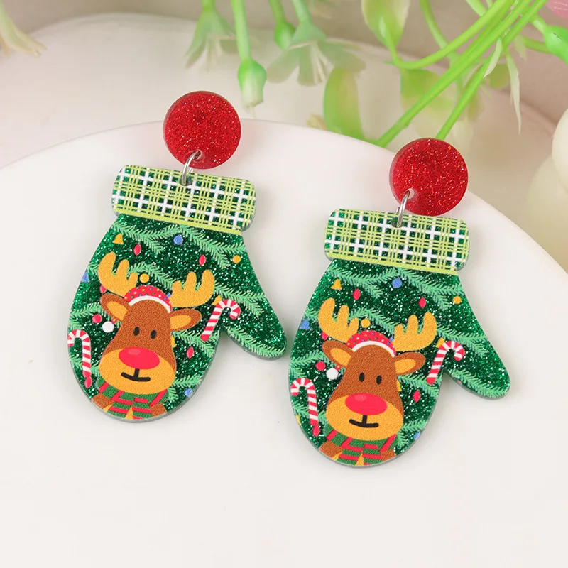 Cartoon Charm Christmas Deer Gloves Acrylic Earrings Shining Disco Ball Red Green Santa Pants Wine Glass Christmas Party Earring