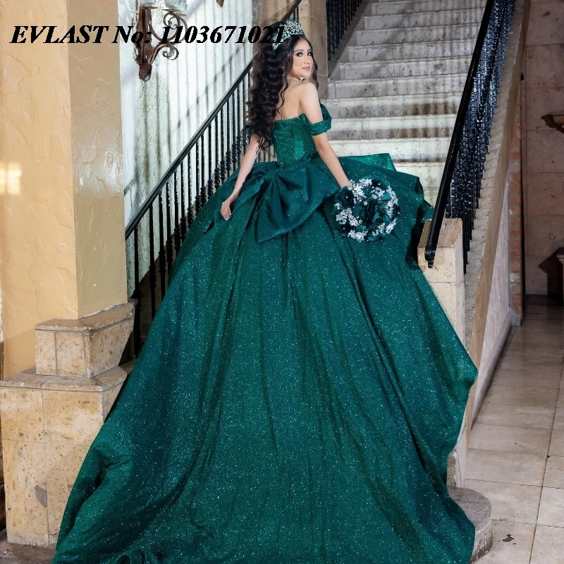 EVLAST Customized Glitter Green Quinceanera Dress Ball Gown Lace Applique Beading Corset Sweet 16 Vestidos De XV Anos SQ344